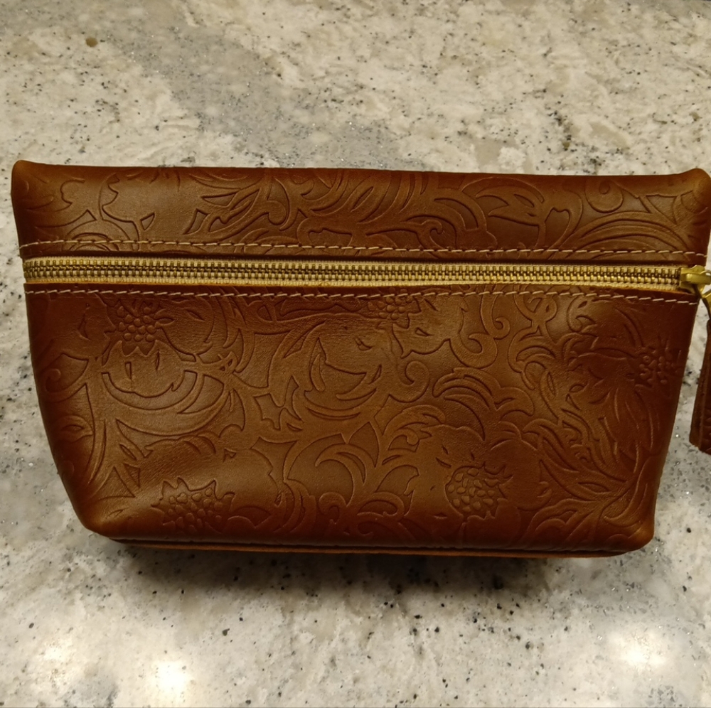 Portland Leather Floral Embossed Tan Cosmetic Case